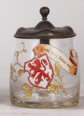 Glass stein .5L, hand painted, Art Nouveau pewter lid,  1" hairline on body at top handle attachment.