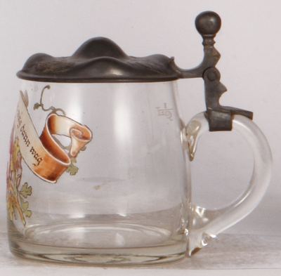 Glass stein .5L, hand painted, Art Nouveau pewter lid,  1" hairline on body at top handle attachment. - 2