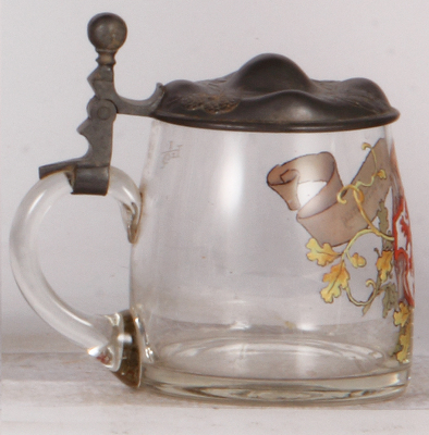 Glass stein .5L, hand painted, Art Nouveau pewter lid,  1" hairline on body at top handle attachment. - 3