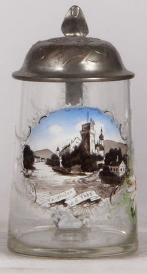 Glass stein, .5L, blown, transfer & enameled, Waidhofen a.d. Ybbs, pewter lid, mint.