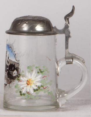 Glass stein, .5L, blown, transfer & enameled, Waidhofen a.d. Ybbs, pewter lid, mint. - 2