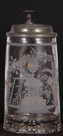 Glass stein, .5L, blown, clear, mid 1800s, wheel-engraved, Andenken, pewter lid, mint.