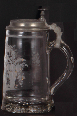 Glass stein, .5L, blown, clear, mid 1800s, wheel-engraved, Andenken, pewter lid, mint. - 2