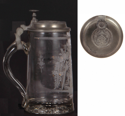 Glass stein, .5L, blown, clear, mid 1800s, wheel-engraved, Andenken, pewter lid, mint. - 3