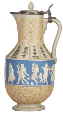 Mettlach stein, 3.2L, 13.6'' ht., 171, relief, inlaid lid, 4'' hairline on spout. - 2