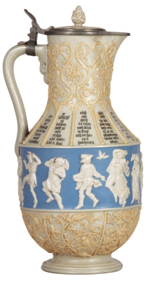 Mettlach stein, 3.2L, 13.6'' ht., 171, relief, inlaid lid, 4'' hairline on spout. - 3