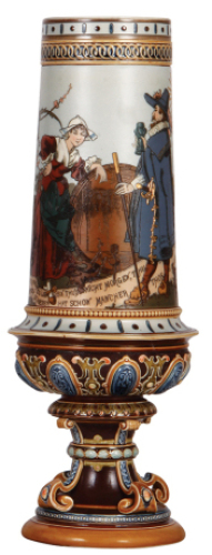 Mettlach pokal, 2.2L, 16.4" ht., 2066, etched, no lid, re-glued line around base/body joint is visible inside, 2" hairline at top.
