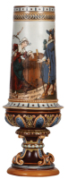 Mettlach pokal, 2.2L, 16.4" ht., 2066, etched, no lid, re-glued line around base/body joint is visible inside, 2" hairline at top.