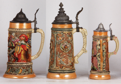 Three Diesinger steins, pottery, .5L, 67, relief; with, 1.0L, relief, lid dented & tear; with, 8.0" ht., 601, relief, old replaced lid, all have pewter lids, good condition. - 2