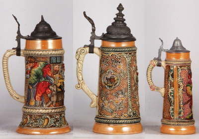 Three Diesinger steins, pottery, .5L, 67, relief; with, 1.0L, relief, lid dented & tear; with, 8.0" ht., 601, relief, old replaced lid, all have pewter lids, good condition. - 3