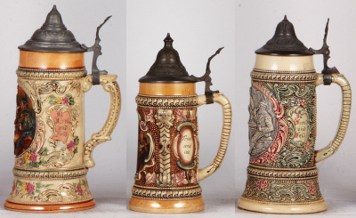 Three Diesinger steins, pottery, .5L, 40, relief, faint .5" firing line in rear; with, .5L, 624, relief; with, .5L, 40, relief, working music box in base, all have pewter lids, third has handle glued, otherwise good condition. - 2