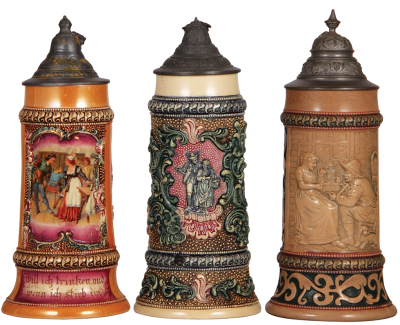 Three Diesinger steins, pottery, .5L, 530, transfer & hand-painted with relief, lid damaged; with, .5L, relief, base chip in rear; with, .5L, 42, relief, browning, all have pewter lids, very good condition.