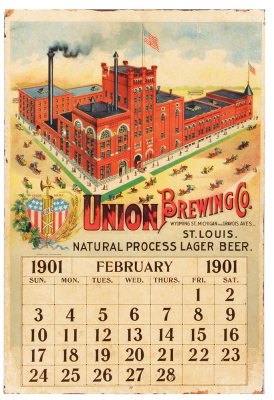 Union Brewing Co., Calendar Feb. 1901 lithograph on paper, 20.0" x 13.5", marked: Heinicke - Fiegel Litho Co. St. Louis, paper mounted on particle board, edges are a bit rough, good condition.
