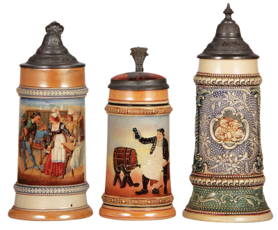 Three Diesinger steins, pottery, .5L, transfer & hand-painted; with, .5L, threading, inlaid lid; with, .5L, 17, relief, all have pewter lids, third has base chips repaired, otherwise good condition.