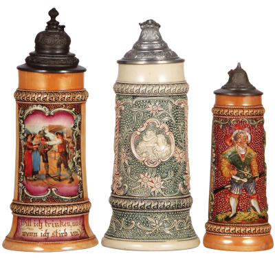 Three Diesinger steins, pottery, .5L, 587, transfer & hand-painted with relief; with, .5L, 15, relief, lid tear, base hairlines in rear; with, 8.2" ht., 601, relief, base chip with touch up, all have pewter lids.