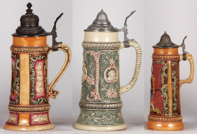 Three Diesinger steins, pottery, .5L, 587, transfer & hand-painted with relief; with, .5L, 15, relief, lid tear, base hairlines in rear; with, 8.2" ht., 601, relief, base chip with touch up, all have pewter lids. - 2