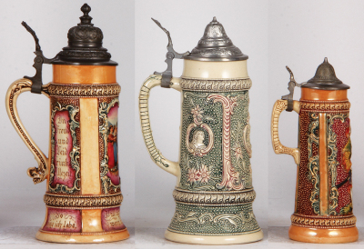 Three Diesinger steins, pottery, .5L, 587, transfer & hand-painted with relief; with, .5L, 15, relief, lid tear, base hairlines in rear; with, 8.2" ht., 601, relief, base chip with touch up, all have pewter lids. - 3