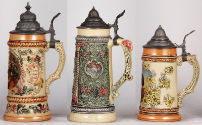 Three Diesinger steins, pottery, .5L, 40, relief, base flake; with, 1.0L, 2, relief, 1" top rim hairline, replaced lid; with, .5L, threading & relief, lid tear, all have pewter lids. - 2