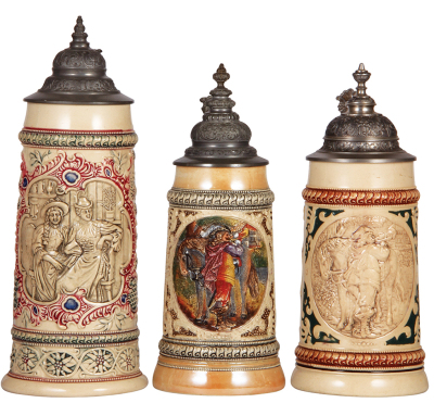 Three Diesinger steins, pottery, 1.0L, 197, relief; with, 1.0L, 10, relief; with, 1.0L, 3121 base, 10 back, new lid, all have pewter lids, good condition.