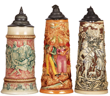 Three Diesinger steins, pottery, 1.0L, 71, relief; with, 1.7L, 12.9" ht., 743, relief, two .5" base hairlines; with, 1.5L, 12.7" ht., 742, relief, lid tear, all have pewter lids.