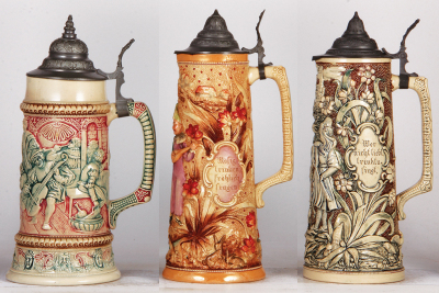 Three Diesinger steins, pottery, 1.0L, 71, relief; with, 1.7L, 12.9" ht., 743, relief, two .5" base hairlines; with, 1.5L, 12.7" ht., 742, relief, lid tear, all have pewter lids. - 2