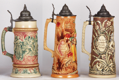 Three Diesinger steins, pottery, 1.0L, 71, relief; with, 1.7L, 12.9" ht., 743, relief, two .5" base hairlines; with, 1.5L, 12.7" ht., 742, relief, lid tear, all have pewter lids. - 3