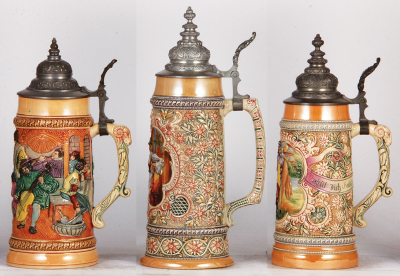 Three Diesinger steins, pottery, 1.0L, 79, relief, pewter handle strap loose; with, 1.0L, 197, relief; with, 1.0L, 207, relief, all have pewter lids, good condition. - 2