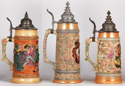 Three Diesinger steins, pottery, 1.0L, 79, relief, pewter handle strap loose; with, 1.0L, 197, relief; with, 1.0L, 207, relief, all have pewter lids, good condition. - 3