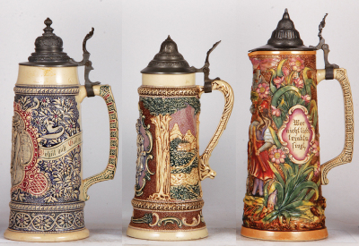 Three Diesinger steins, pottery, 1.0L, 205, relief, small lid tears; with, 1.0L, 589, relief, small base flakes; with, 1.5L, 13.1" ht., 742, relief, good condition, all have pewter lids. - 2