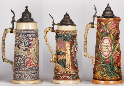 Three Diesinger steins, pottery, 1.0L, 205, relief, small lid tears; with, 1.0L, 589, relief, small base flakes; with, 1.5L, 13.1" ht., 742, relief, good condition, all have pewter lids. - 3