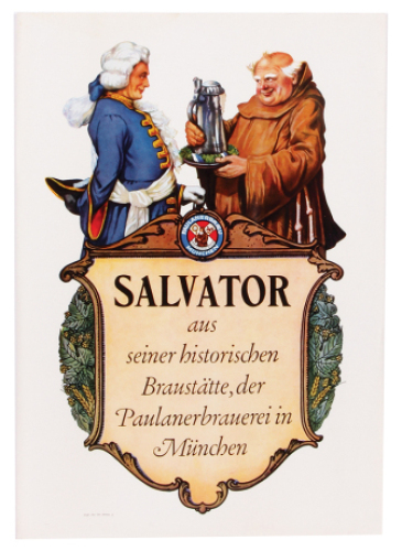 Paulanerbraeu M&uuml;nchen Salvator lithograph on paper, 19.6" x 13.6", marked: Druck Max Glas, M&uuml;nchen 50, folds on edge, otherwise very good condition.