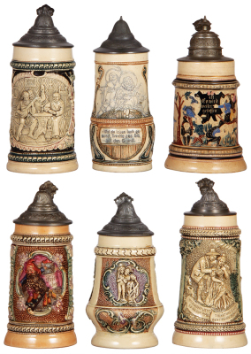 Six Diesinger steins, pottery, .5L, 46, relief, lid tear; with, .5L, 972, incised; with, .5L, 1366, threading; with, .5L, 665, relief; with, .4L, relief; with, .5L, 546, relief, all have pewter lids, good condition.