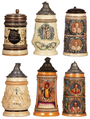 Six Diesinger steins, pottery, .5L, threading, custom brass lid; with, .4L, relief; with, .5, 964, relief, metal lid, base flakes; with, .5L, relief, lid dent; with, .5L, relief, factory firing lines; with, .5L, 544, relief, top rim break, lid damage, mos