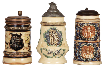 Six Diesinger steins, pottery, .5L, threading, custom brass lid; with, .4L, relief; with, .5, 964, relief, metal lid, base flakes; with, .5L, relief, lid dent; with, .5L, relief, factory firing lines; with, .5L, 544, relief, top rim break, lid damage, mos - 2