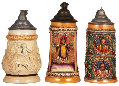 Six Diesinger steins, pottery, .5L, threading, custom brass lid; with, .4L, relief; with, .5, 964, relief, metal lid, base flakes; with, .5L, relief, lid dent; with, .5L, relief, factory firing lines; with, .5L, 544, relief, top rim break, lid damage, mos - 3