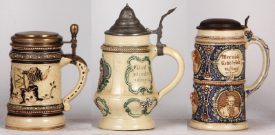 Six Diesinger steins, pottery, .5L, threading, custom brass lid; with, .4L, relief; with, .5, 964, relief, metal lid, base flakes; with, .5L, relief, lid dent; with, .5L, relief, factory firing lines; with, .5L, 544, relief, top rim break, lid damage, mos - 4