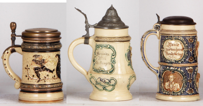 Six Diesinger steins, pottery, .5L, threading, custom brass lid; with, .4L, relief; with, .5, 964, relief, metal lid, base flakes; with, .5L, relief, lid dent; with, .5L, relief, factory firing lines; with, .5L, 544, relief, top rim break, lid damage, mos - 5