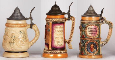 Six Diesinger steins, pottery, .5L, threading, custom brass lid; with, .4L, relief; with, .5, 964, relief, metal lid, base flakes; with, .5L, relief, lid dent; with, .5L, relief, factory firing lines; with, .5L, 544, relief, top rim break, lid damage, mos - 6