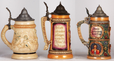 Six Diesinger steins, pottery, .5L, threading, custom brass lid; with, .4L, relief; with, .5, 964, relief, metal lid, base flakes; with, .5L, relief, lid dent; with, .5L, relief, factory firing lines; with, .5L, 544, relief, top rim break, lid damage, mos - 7