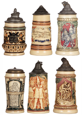 Six Diesinger steins, pottery, .5L, 1007, threading; with, .5L, threading & relief, lid tear; with, .4L, 586, relief; with, .5L, 971, incised, metal lid; with, .5L, 775, relief; with, .5L, 546, relief, faint hairline, most have pewter lids, most good cond