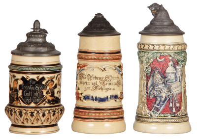 Six Diesinger steins, pottery, .5L, 1007, threading; with, .5L, threading & relief, lid tear; with, .4L, 586, relief; with, .5L, 971, incised, metal lid; with, .5L, 775, relief; with, .5L, 546, relief, faint hairline, most have pewter lids, most good cond - 2