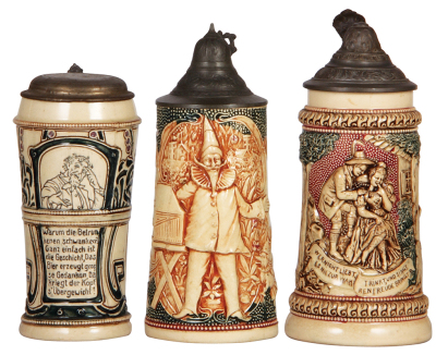 Six Diesinger steins, pottery, .5L, 1007, threading; with, .5L, threading & relief, lid tear; with, .4L, 586, relief; with, .5L, 971, incised, metal lid; with, .5L, 775, relief; with, .5L, 546, relief, faint hairline, most have pewter lids, most good cond - 3