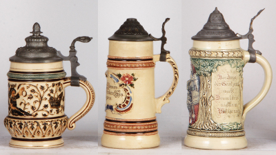 Six Diesinger steins, pottery, .5L, 1007, threading; with, .5L, threading & relief, lid tear; with, .4L, 586, relief; with, .5L, 971, incised, metal lid; with, .5L, 775, relief; with, .5L, 546, relief, faint hairline, most have pewter lids, most good cond - 4