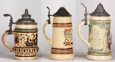 Six Diesinger steins, pottery, .5L, 1007, threading; with, .5L, threading & relief, lid tear; with, .4L, 586, relief; with, .5L, 971, incised, metal lid; with, .5L, 775, relief; with, .5L, 546, relief, faint hairline, most have pewter lids, most good cond - 5