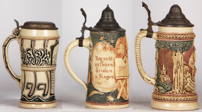 Six Diesinger steins, pottery, .5L, 1007, threading; with, .5L, threading & relief, lid tear; with, .4L, 586, relief; with, .5L, 971, incised, metal lid; with, .5L, 775, relief; with, .5L, 546, relief, faint hairline, most have pewter lids, most good cond - 7