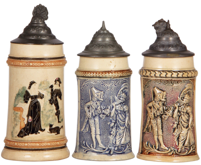 Six Diesinger steins, pottery, .5L, threading, lid tear; with, .5L, relief; with, .5L, relief, lid bent; with, .5L, 1305, threading, browning; with, .5L, 586, relief, lid tear; with, .5L, 194, relief, finial glued, all have pewter lids, most good conditio - 2