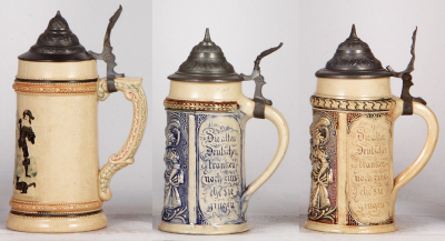 Six Diesinger steins, pottery, .5L, threading, lid tear; with, .5L, relief; with, .5L, relief, lid bent; with, .5L, 1305, threading, browning; with, .5L, 586, relief, lid tear; with, .5L, 194, relief, finial glued, all have pewter lids, most good conditio - 4