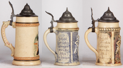 Six Diesinger steins, pottery, .5L, threading, lid tear; with, .5L, relief; with, .5L, relief, lid bent; with, .5L, 1305, threading, browning; with, .5L, 586, relief, lid tear; with, .5L, 194, relief, finial glued, all have pewter lids, most good conditio - 5