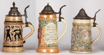 Six Diesinger steins, pottery, .5L, threading, lid tear; with, .5L, relief; with, .5L, relief, lid bent; with, .5L, 1305, threading, browning; with, .5L, 586, relief, lid tear; with, .5L, 194, relief, finial glued, all have pewter lids, most good conditio - 6