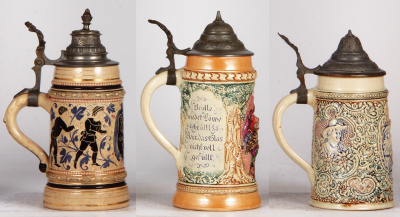 Six Diesinger steins, pottery, .5L, threading, lid tear; with, .5L, relief; with, .5L, relief, lid bent; with, .5L, 1305, threading, browning; with, .5L, 586, relief, lid tear; with, .5L, 194, relief, finial glued, all have pewter lids, most good conditio - 7